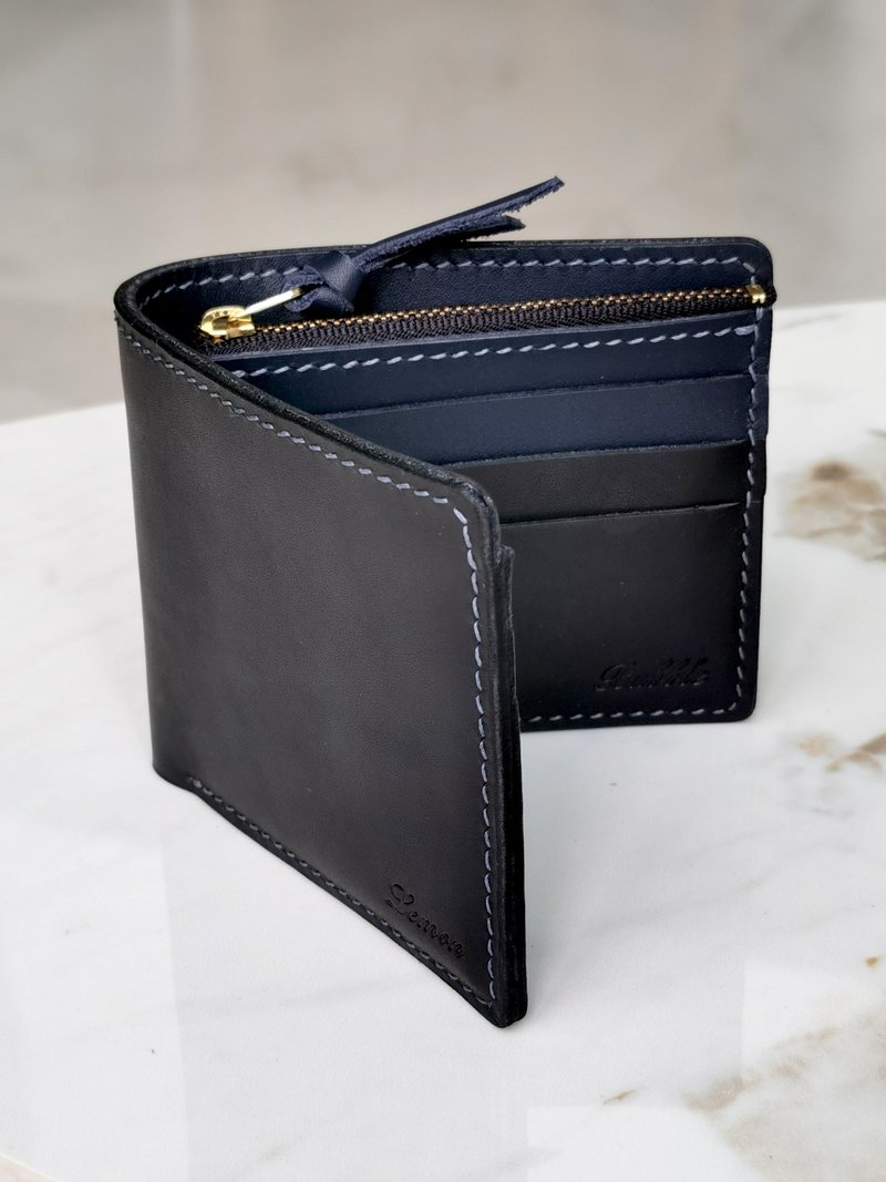 Genuine leather custom wallet/short clip/ Silver/wallet DIY handmade material bag zipper vertical coin bag with needle and thread - เครื่องหนัง - หนังแท้ 