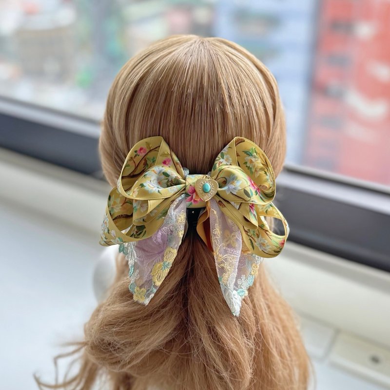 Exclusive lace bow intersecting clip banana clip fairy clip hair clip - antique mustard yellow - เครื่องประดับผม - วัสดุอื่นๆ สีเหลือง