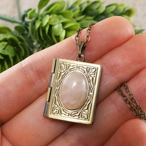 AGATIX Rose Quartz Photo Locket Pale Pink Rectangle Book Pendant Necklace Woman Jewelry