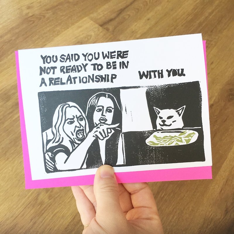 Hand-printed card - Woman VS cat meme relationship - Cards & Postcards - Paper 