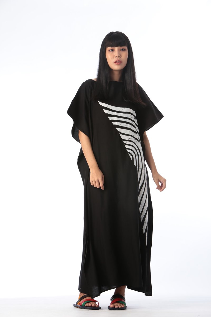 Hand Painted Cotton Silk Kaftan for Summer Resort Vacation Free Size - One Piece Dresses - Cotton & Hemp Black