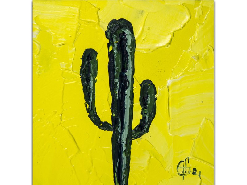 Cactus Painting Floral Original Art Impasto Flower Artwork Small Oil Painting - 海報/掛畫/掛布 - 其他材質 黃色