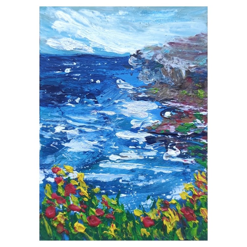 Original ACEO Seaside Floral Painting 2.5x3.5 Collector's Card - Wall Décor - Paper Multicolor