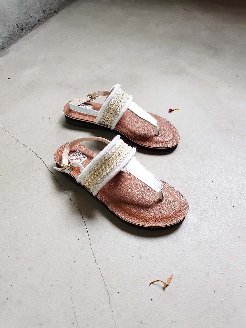 [Roman Holiday] full cowhide woven sandals - white - รองเท้ารัดส้น - หนังแท้ 