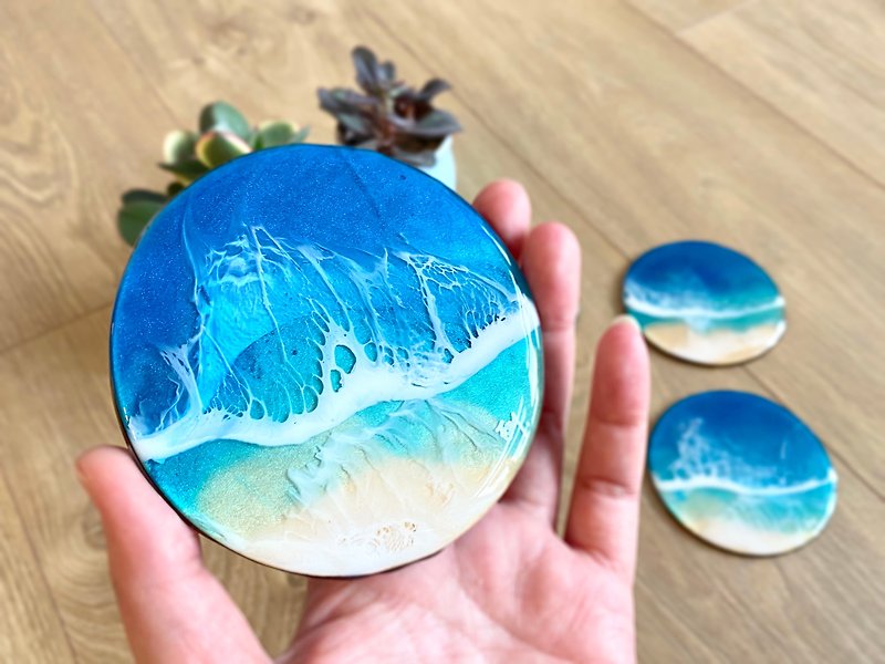 Handmade Aqua Ocean Coaster, Wedding Gift, Home Gift, Functional Art - ที่รองแก้ว - ไม้ สีน้ำเงิน