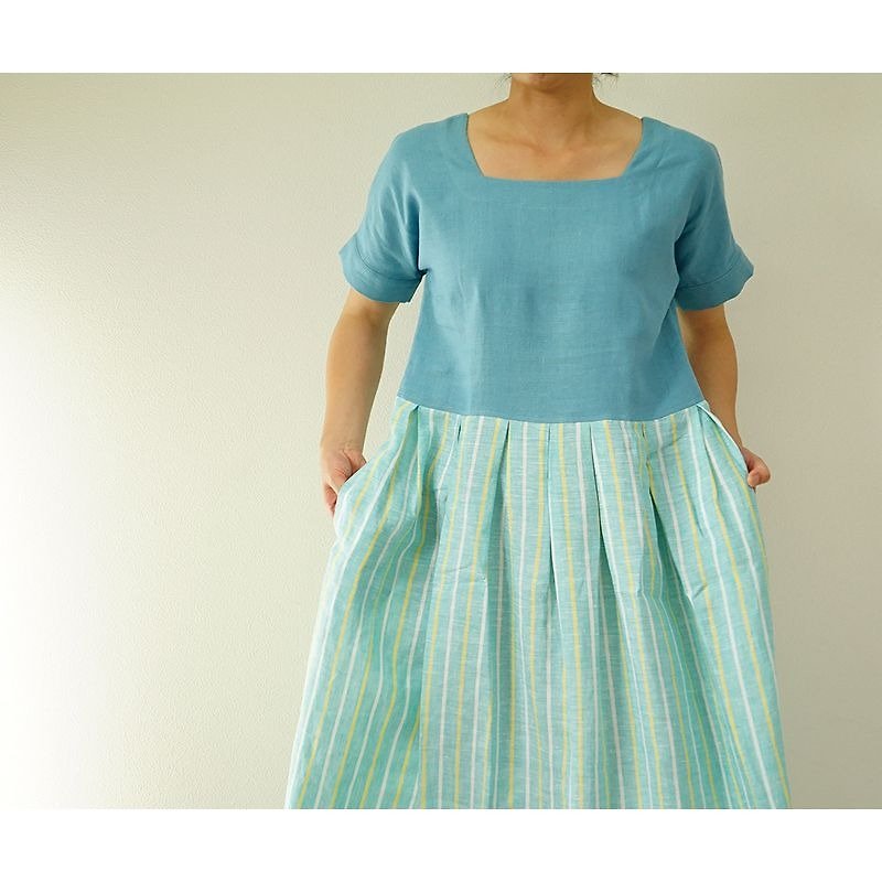 【wafu】French linens  Square neck dress /  Blue Porcelaine a15-6 - 連身裙 - 棉．麻 多色