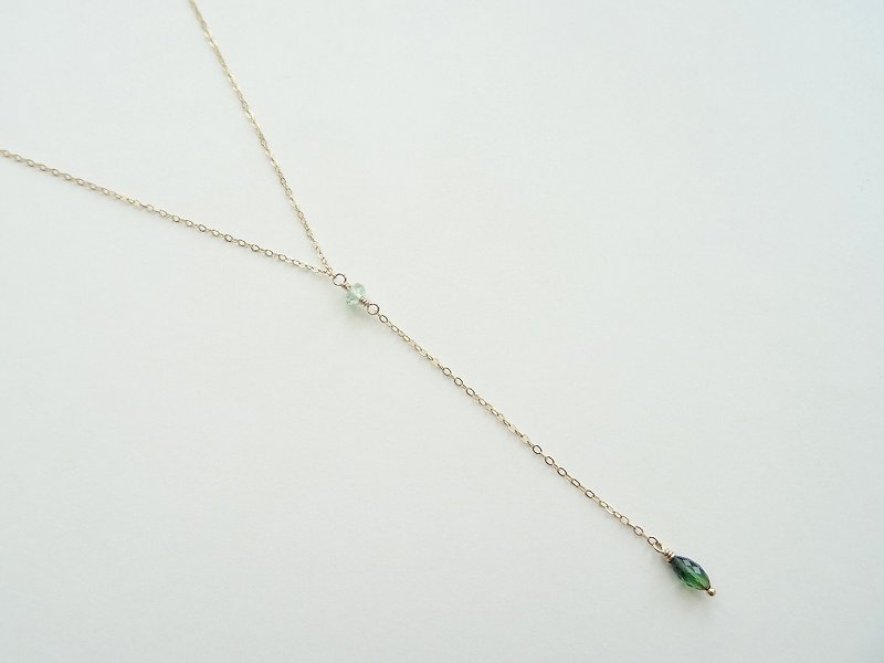 Tiny Rondelle and Marquise Tourmaline Dainty 14K GF Y-Necklace | Green