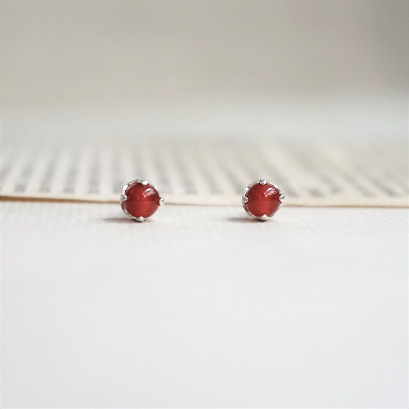 ll July Birthstone ll Red Agate Earrings --- Birthstone Ear Pins / Pair with Silver Ear Buckle - ต่างหู - เครื่องประดับพลอย สีแดง
