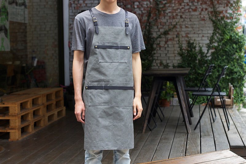 Gray Green x Mist Black Handmade Leather Canvas Double Leather Strip Pocket Apron - Aprons - Genuine Leather 