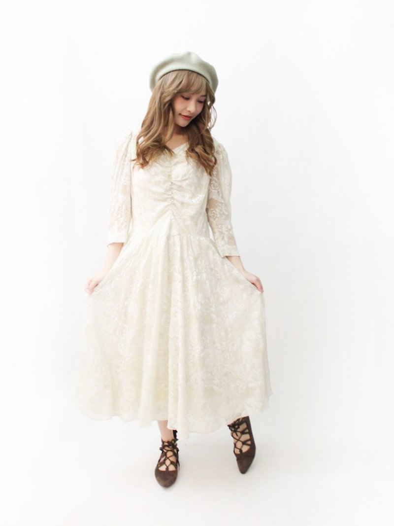 [RE0503D1093] Nippon Romantic Rose Wedding calico short-sleeved beige spring and summer vintage dress - ชุดเดรส - เส้นใยสังเคราะห์ สีกากี