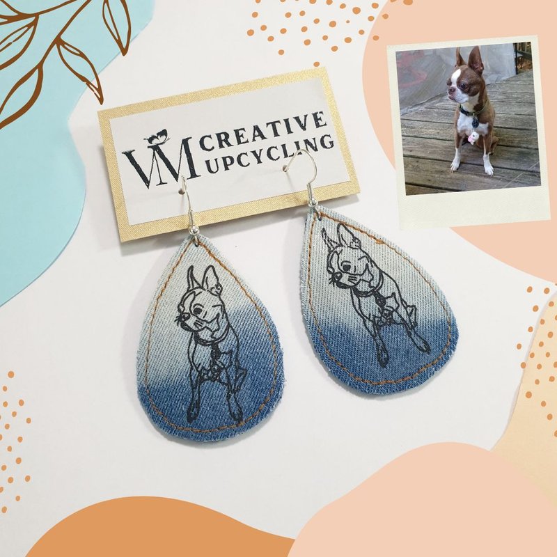 Personalized Photo Recycle Denim Earrings Pets Dogs Lover Birthday Gift - ต่างหู - โลหะ สีน้ำเงิน