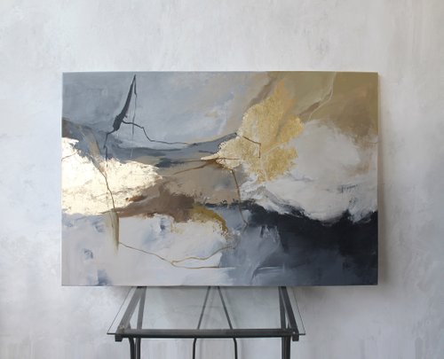 抽象画 グレーと金のキャンバスアート 金箔の抽象画：モダンなグレーのキャンバスアート - Etsy 日本