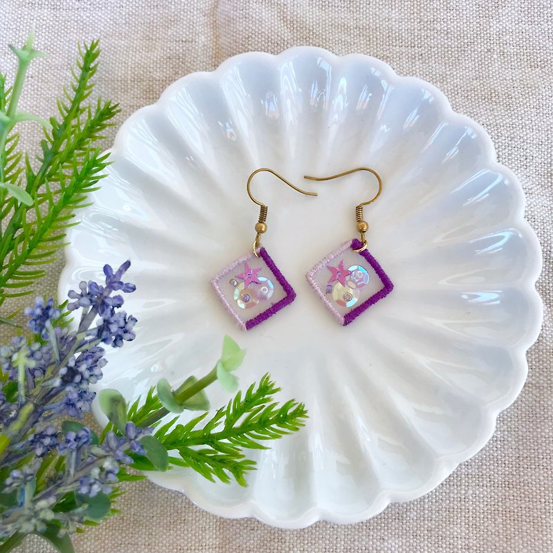Handmade Embroidery // Floating Window Hook Earrings - Purple Stars / / Clipable - Earrings & Clip-ons - Thread Purple