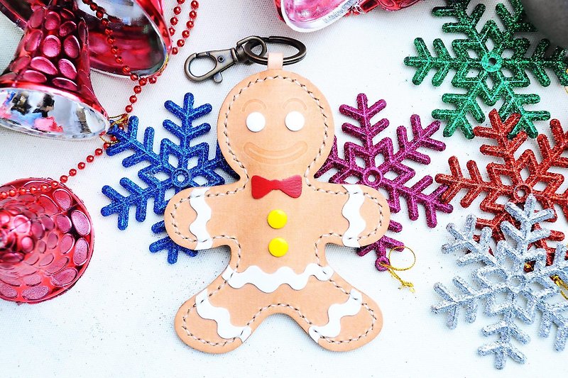 [Gingerbread man key ring] Good sewing leather bag free lettering handmade package couple gifts Keychain key package Keychain storage simple and practical Italian leather vegetable tanned leather DIY companion leather cowhide Christmas gifts - ที่ห้อยกุญแจ - หนังแท้ สีนำ้ตาล