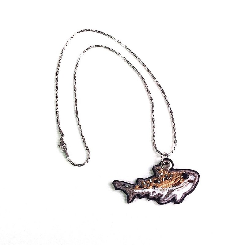 My Glück【Sand Tiger Shark】Hand-Made Embroidery Leather Necklaces - สร้อยคอ - วัสดุอื่นๆ สีนำ้ตาล