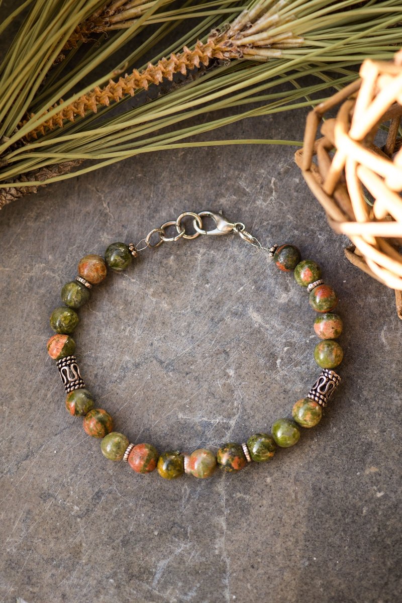 Unakite bracelet, 925 silver, Leo gem, Virgo crystal, Stone of self acceptance - 手鍊/手環 - 寶石 綠色
