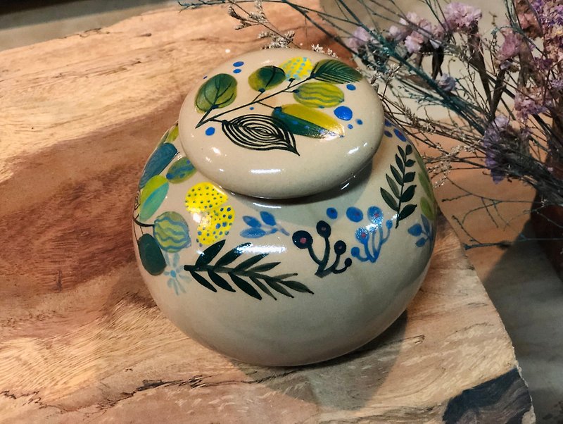 Emerald small plant pure handmade drawing ceramic tea warehouse tea pot sealed jar - ถ้วย - ดินเผา สีเขียว