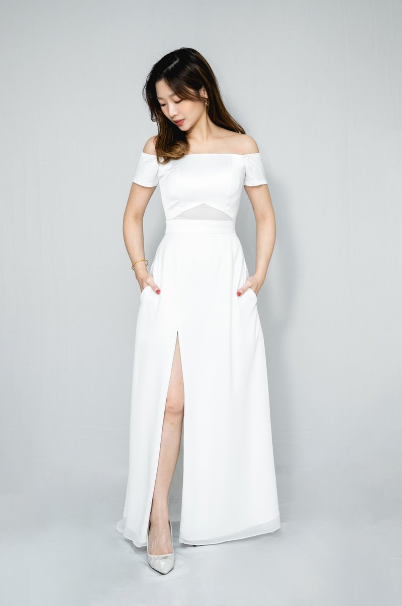 WhiteLits Hong Kong self-designed light wedding dress light evening wear - One Piece Dresses - Silk White