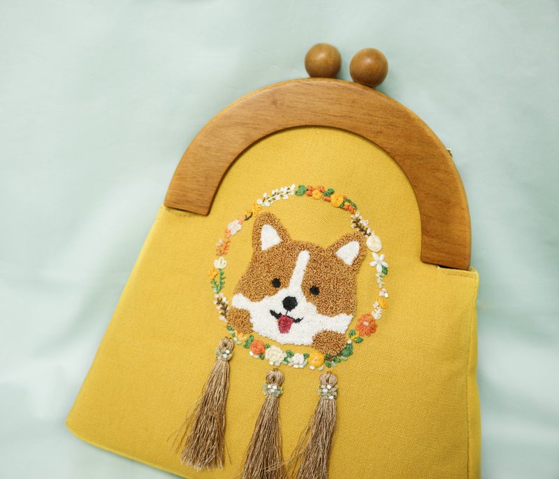 刺繡狗狗捕夢網口金包 | 柯基犬, 黃色 - 側背包/斜背包 - 繡線 黃色