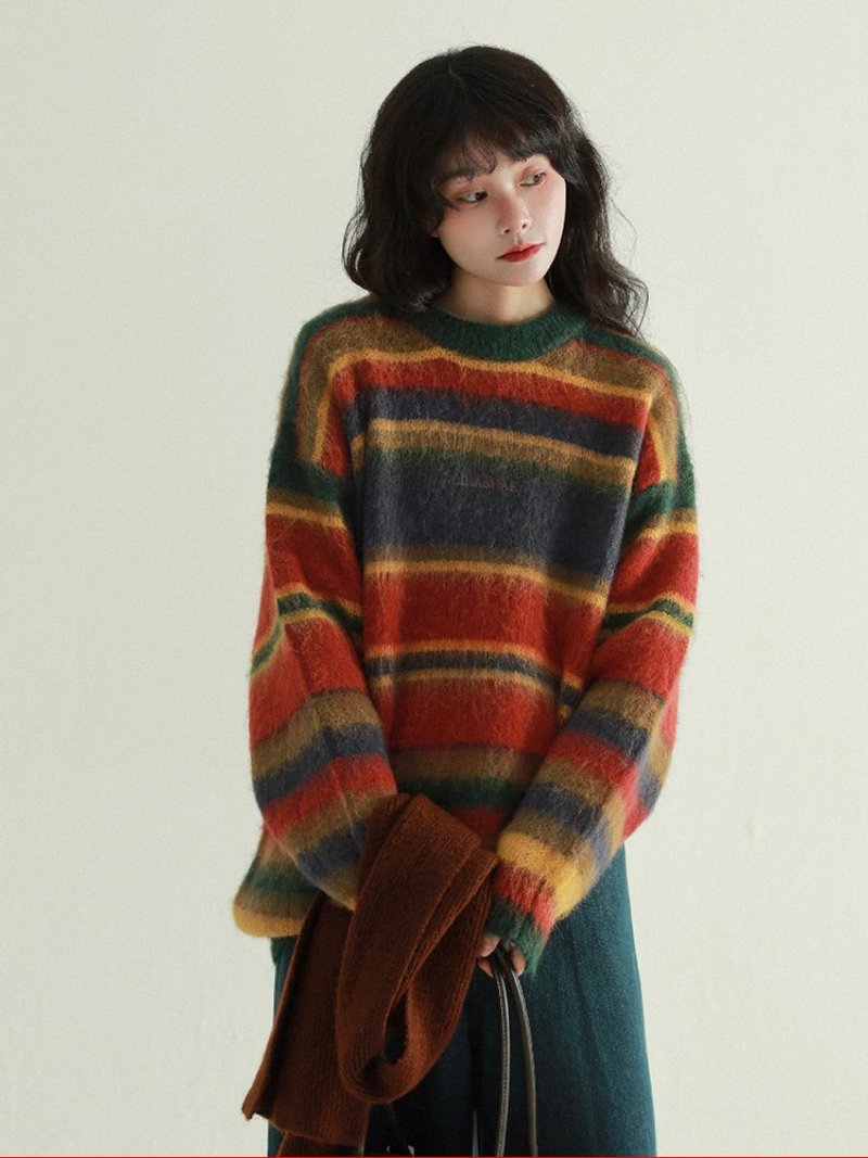 Rainbow striped sweater autumn and winter contrast color lazy knitted pullover top atmosphere knitted sweater S-XL - สเวตเตอร์ผู้หญิง - ขนแกะ สีแดง