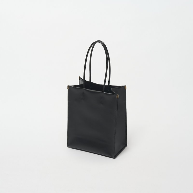 [shopper mini black] tote bag/paper bag/laminated canvas/leather handle/simple/bottom tack/free standing - Handbags & Totes - Cotton & Hemp Black