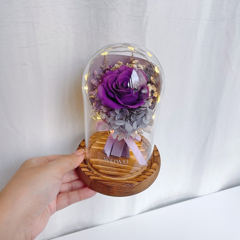 Christmas Gift Box/Customized Gift LED Rose Small Bouquet Preserved Flower Glass Bell Jar-Violet