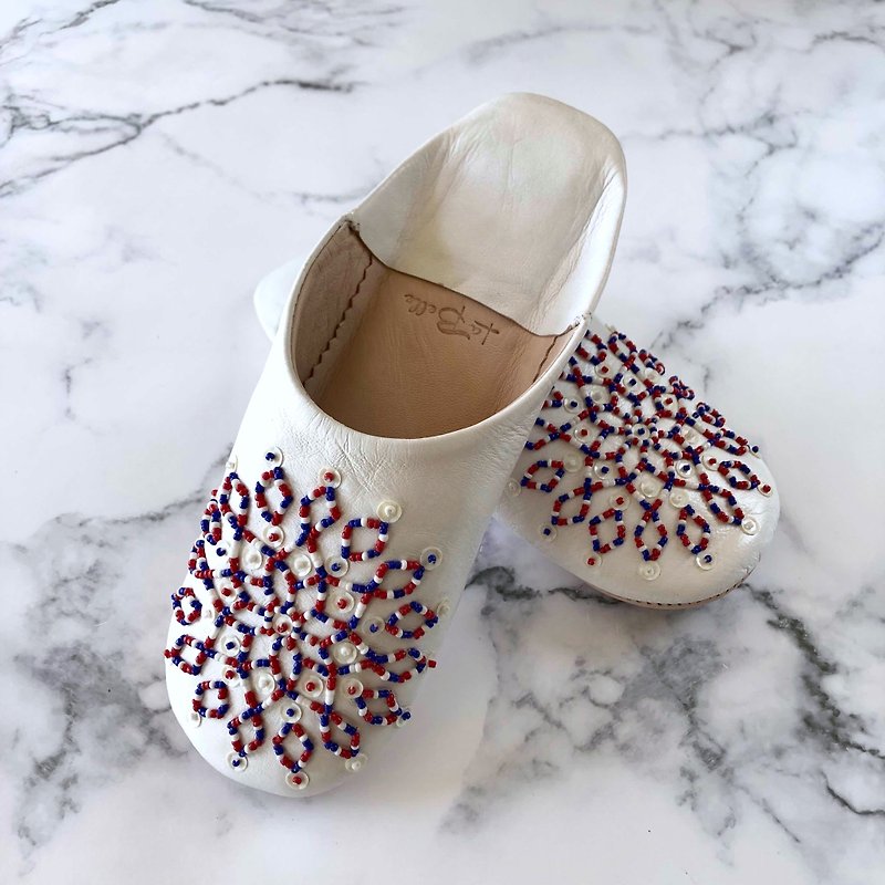 Elegant Babouche (slippers) Noara Tricolor Blanc - Slippers - Genuine Leather White