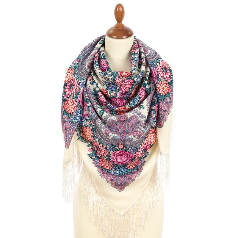 Pavlovo Posad Russian Shawl 100% Wool Scarf 125x125 cm Wrap Silk Fringe 2036-3 - 絲巾 - 羊毛 白色