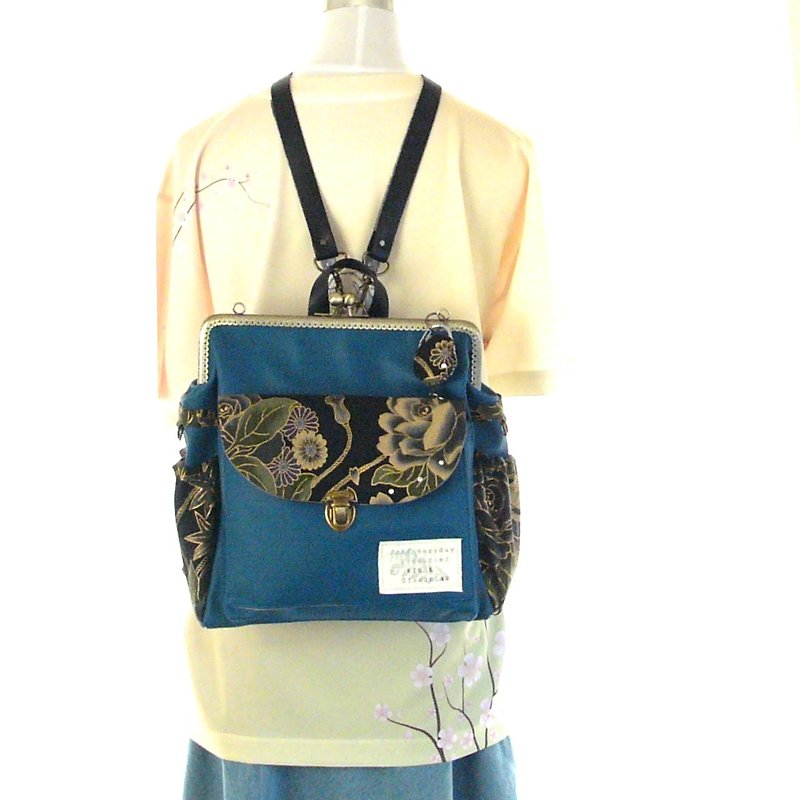  3 WAY Left zipper compact Japanese pattern backpack Blue Green × Black Rose - Backpacks - Genuine Leather Blue