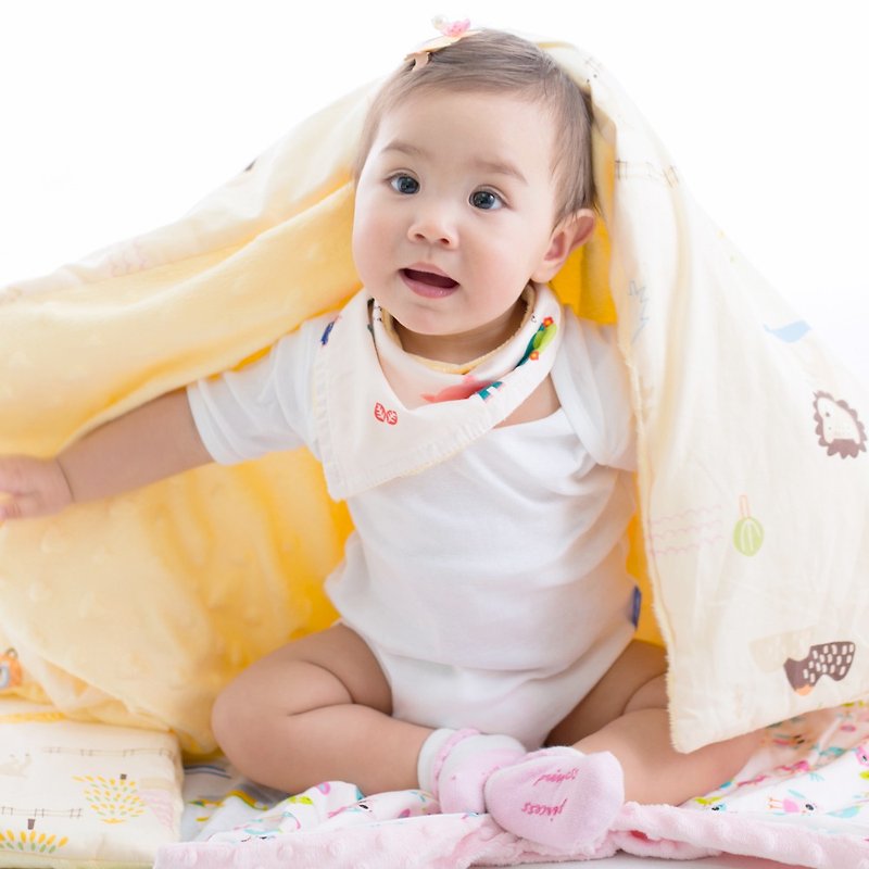 Minky加厚夾層棉毯枕套裝 點點顆粒 攜帶毯嬰兒毯 鵝黃-農場