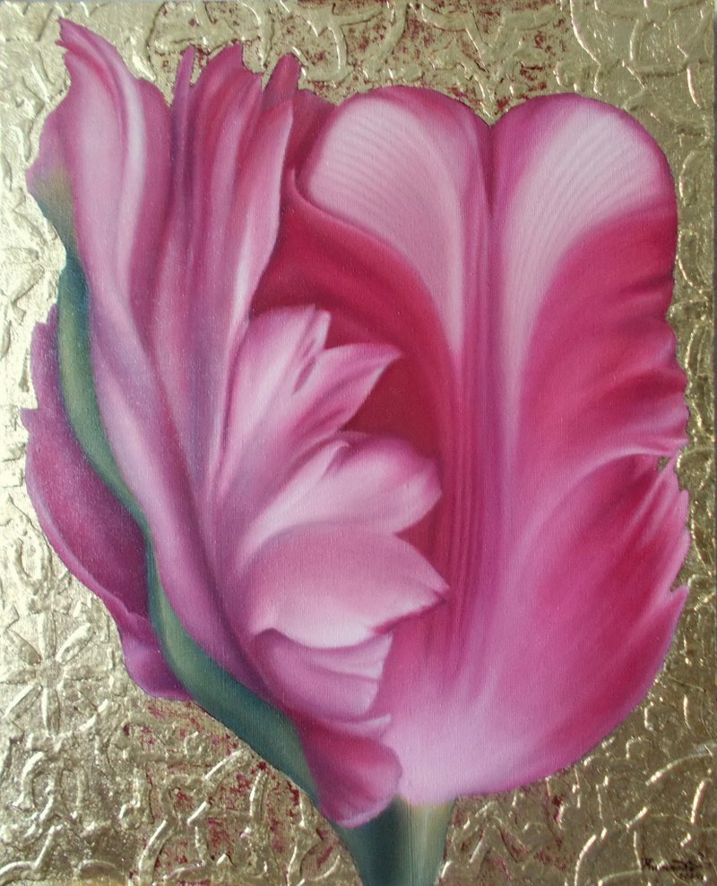 Realistic Pink Tulip Flower Oil Painting on Gold Leaf Background Botanical art - ตกแต่งผนัง - วัสดุอื่นๆ หลากหลายสี