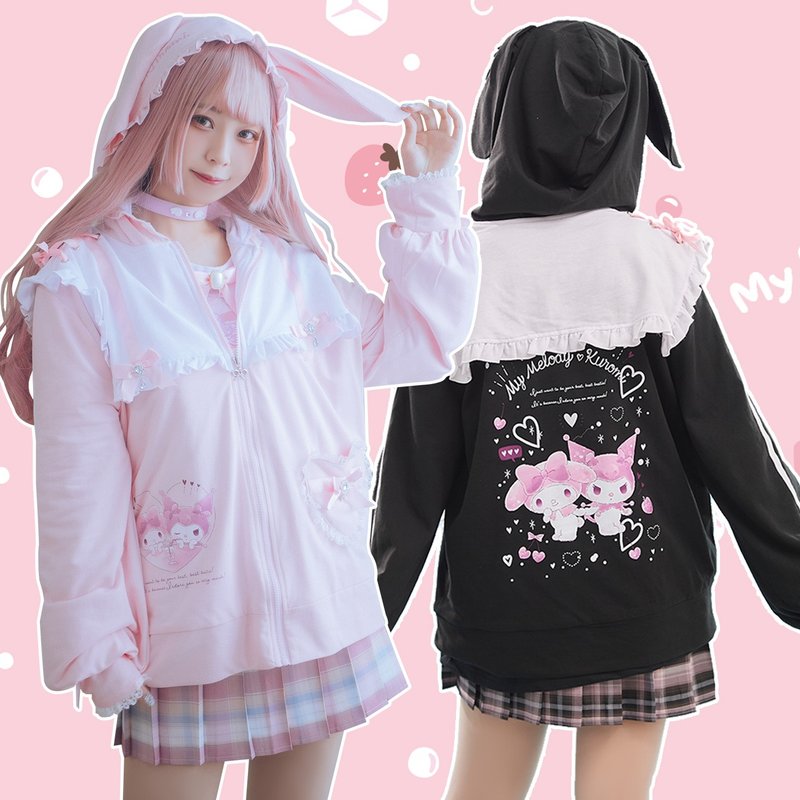 Original Sanrio SANRIO authorized Melody rhinestone bow sailor collar rabbit ears hooded jacket JJ5051 - เสื้อแจ็คเก็ต - ผ้าฝ้าย/ผ้าลินิน 