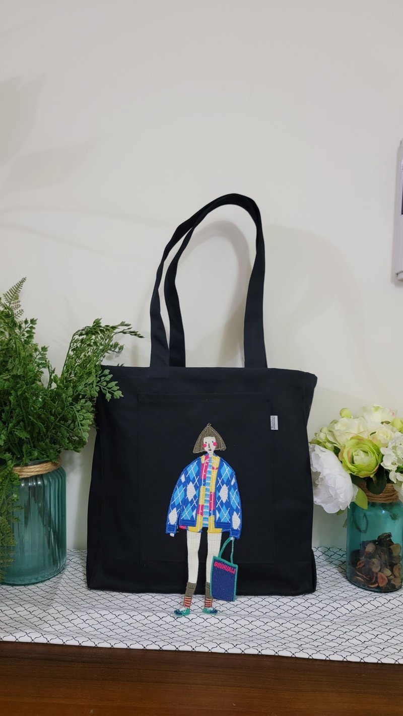 Blue cartoon girl embroidered patch black canvas handbag cotton canvas handmade shoulder bag side backpack - Handbags & Totes - Cotton & Hemp Black