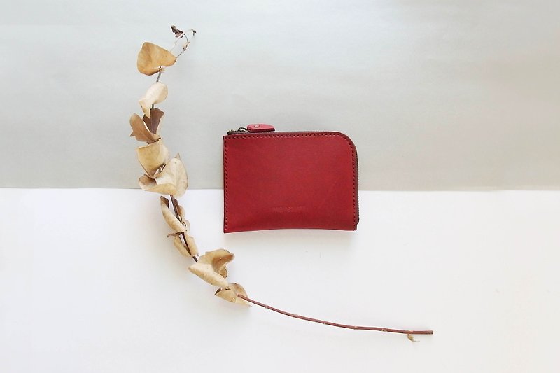 Classic L zipper leather accompanying short clip - wine red - กระเป๋าสตางค์ - หนังแท้ สีแดง
