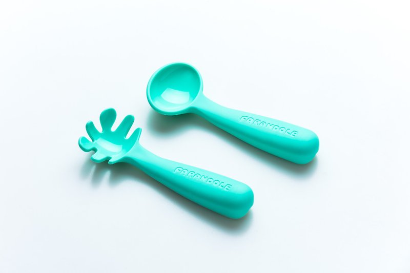 (台灣製造,專利設計)Farandole小麵撈&amp;小湯匙聰明學習餐具組-藍綠