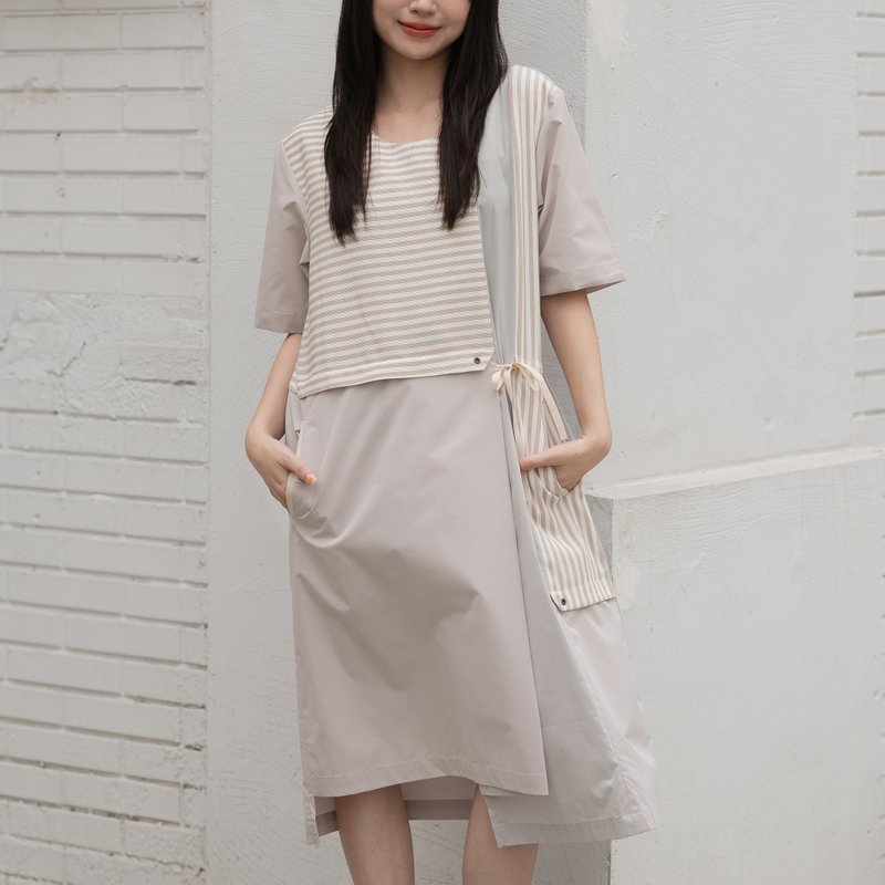 Striped fabric patchwork-short-sleeved dress-milk tea color matching - One Piece Dresses - Polyester Khaki