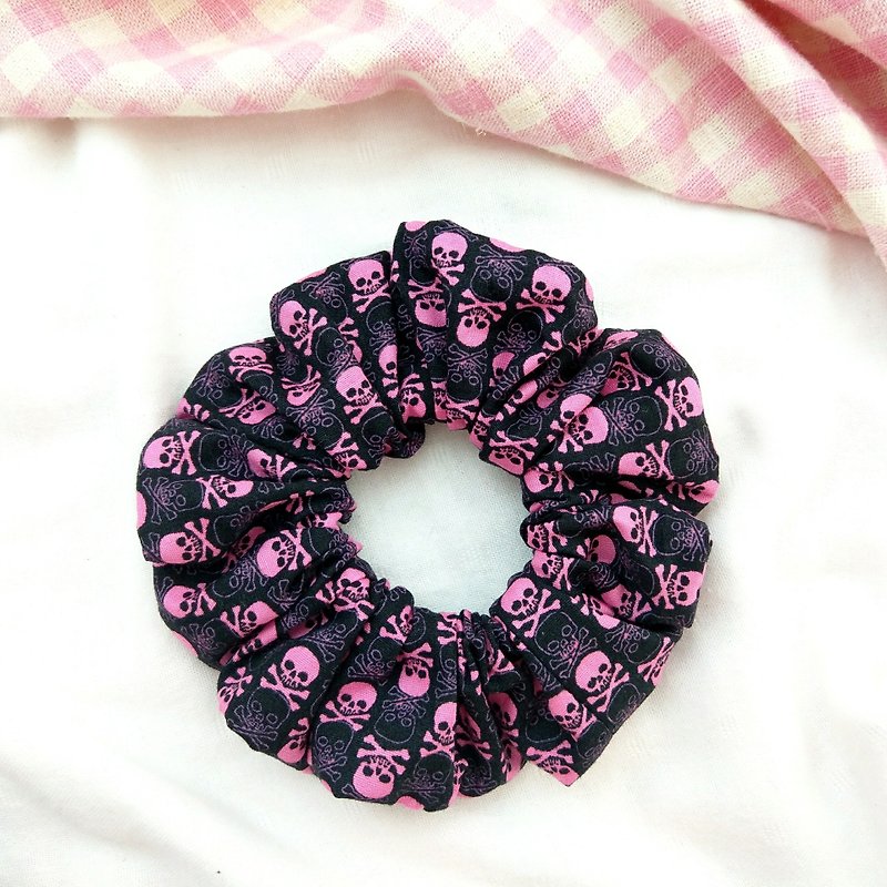 Pink skull. Handmade Donut Hair Bundle Scrunchie - Hair Accessories - Cotton & Hemp Pink