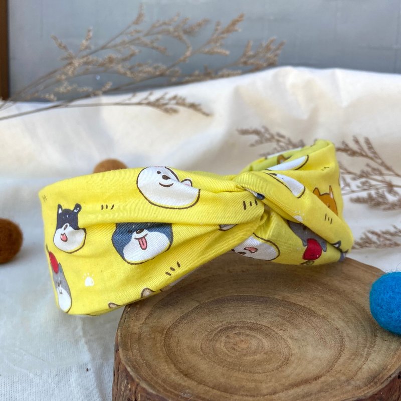 髮箍/交叉髮箍/可愛柴柴 - 髮箍/髮帶 - 棉．麻 黃色