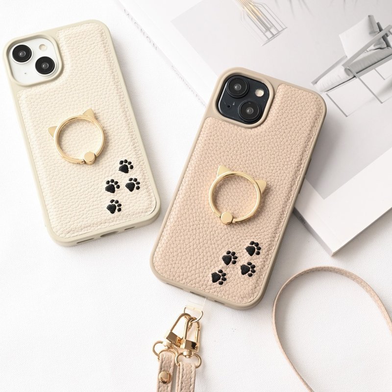 カラー リアケース 猫 スマホリング 【 刺繍 あしあと 】多機種対応 スマホケース スマホショルダー くすみカラー A298I - 手機殼/手機套 - 真皮 咖啡色