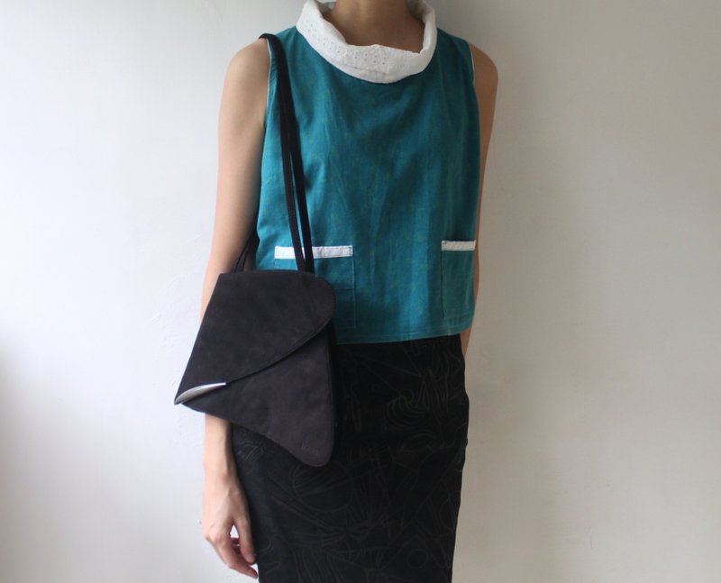 FOAK vintage handmade lake green turtleneck vest - เสื้อกั๊กผู้หญิง - ผ้าฝ้าย/ผ้าลินิน 