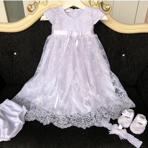 V.I.Angel White dress with lace, pearls and sparkles, headband, panties and shoes for girl