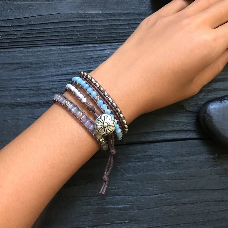 Custom Made Goods 3 laps - Natural stone braided bracelet - Free blue sea Moonlight stone Sea blue stone Corner cut shell beads - สร้อยข้อมือ - วัสดุอื่นๆ 