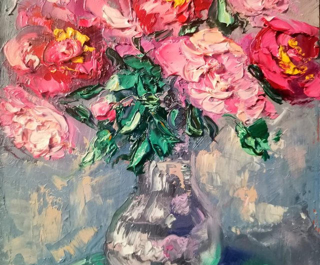 牡丹の花瓶油絵ピンクの花厚塗りオリジナルアーティスト Svinar Oksana