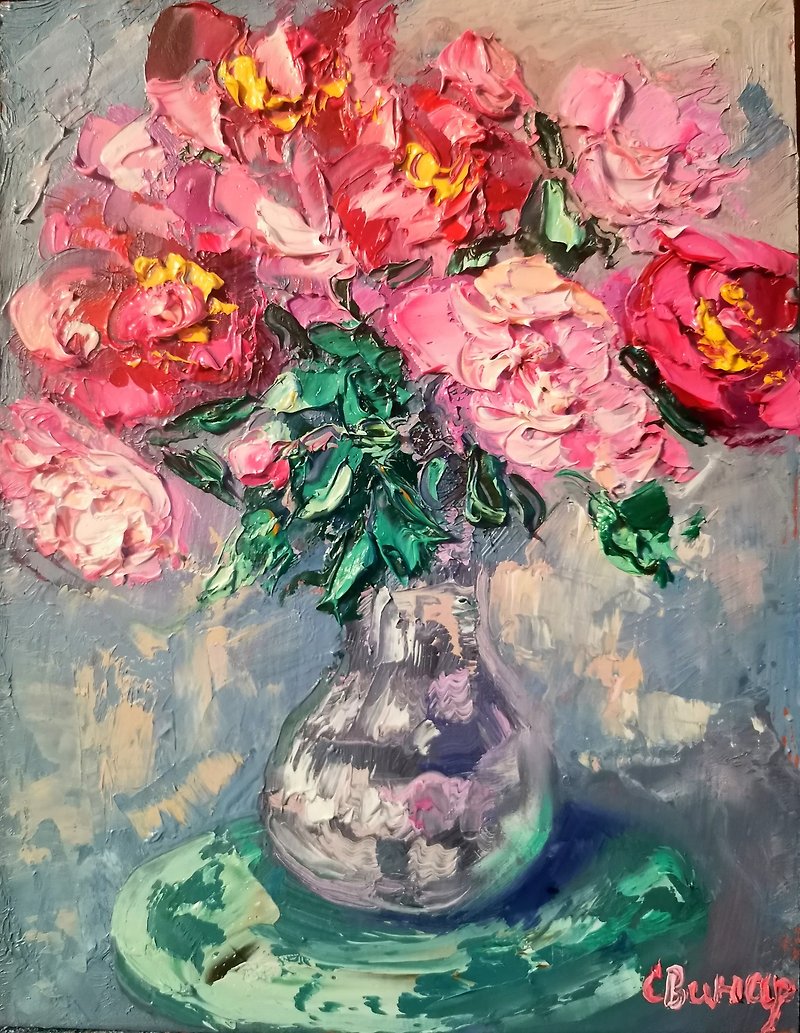 Peonies Vase Oil Painting Pink Flowers Impasto Original Artist Svinar Oksana - อื่นๆ - วัสดุอื่นๆ หลากหลายสี