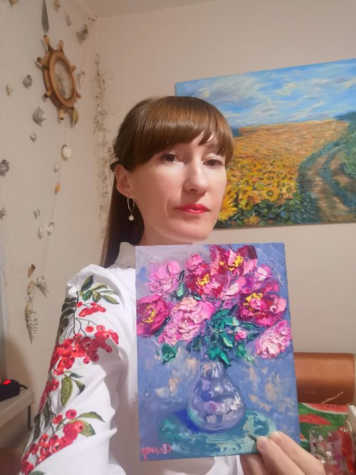 牡丹の花瓶油絵ピンクの花厚塗りオリジナルアーティスト Svinar Oksana