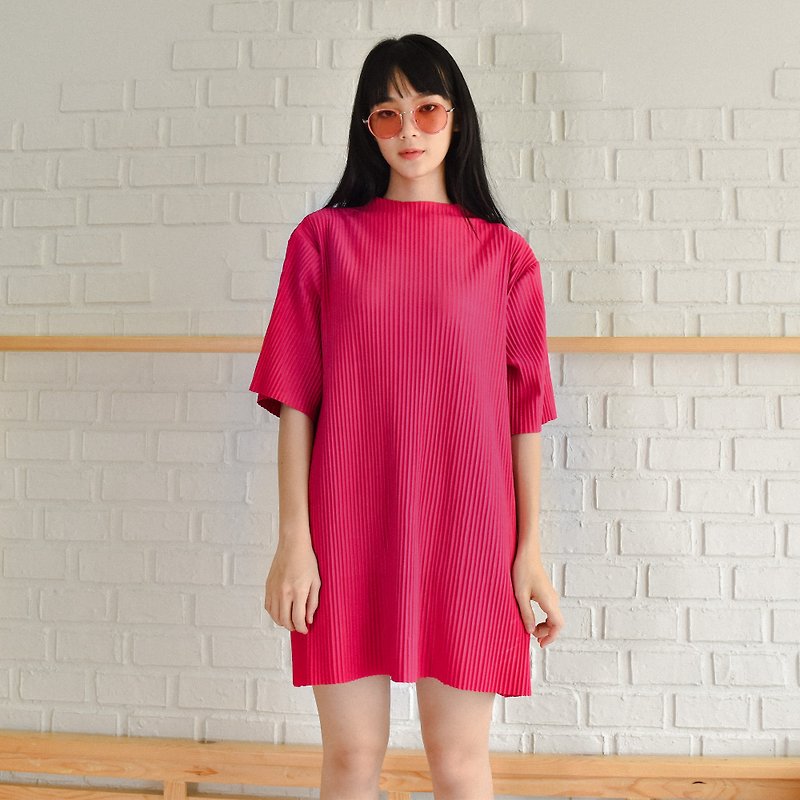 MINIMAL SHOCKING PINK PLEAT OVERSIZED DRESS WITH HIGH NECK AND SHORT SLEEVE - One Piece Dresses - Other Materials Pink