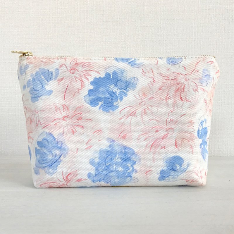 Joy Flowery gusseted pouch Pink × Blue - กระเป๋าเครื่องสำอาง - ผ้าฝ้าย/ผ้าลินิน สึชมพู