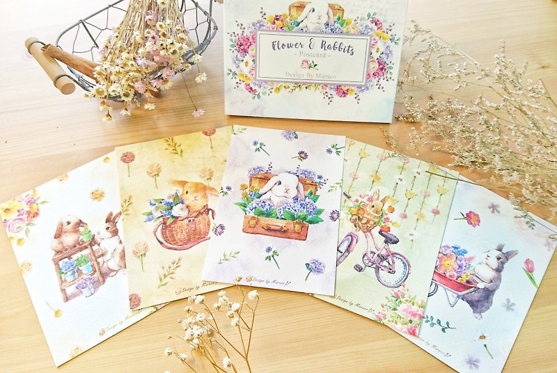 Flowers and rabbits - hardcover postcard 5 into the group - Cards & Postcards - Paper Multicolor