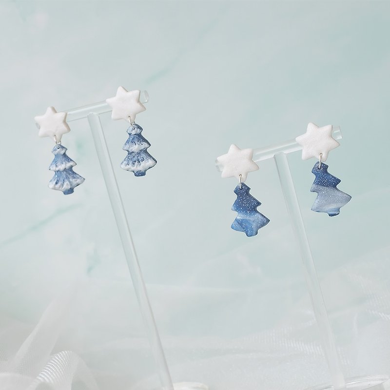 Soft pottery earrings earrings warm winter holiday Christmas tree stars simple and fresh ins oil painting style gift - Earrings & Clip-ons - Clay Blue