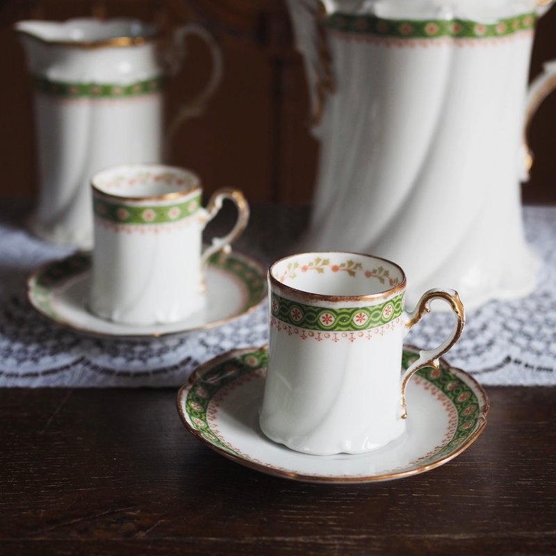 19 世紀法國古董 LIMOGES 杯碟套裝 - 茶壺/茶杯/茶具 - 陶 綠色